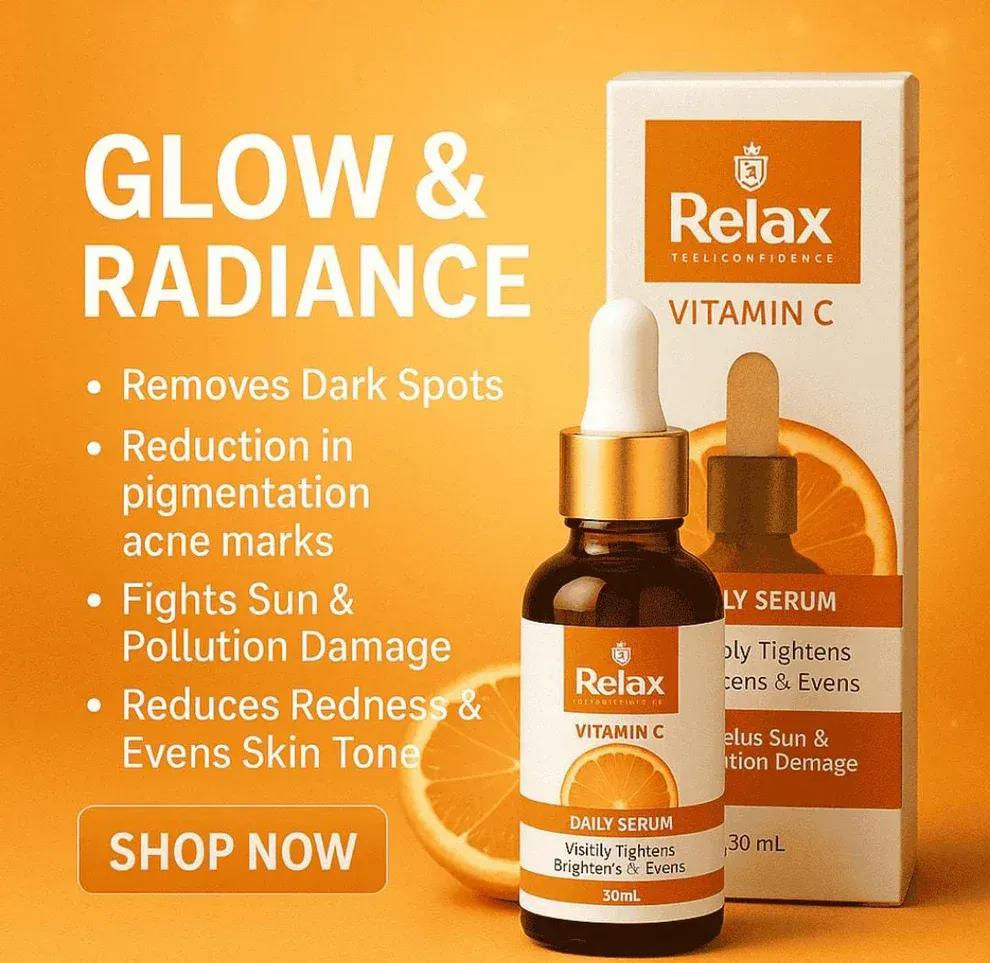 Relax Vitamin-C Brightening Serum – Hydrating, Anti-Aging & Dark Spot Removal | 30ml